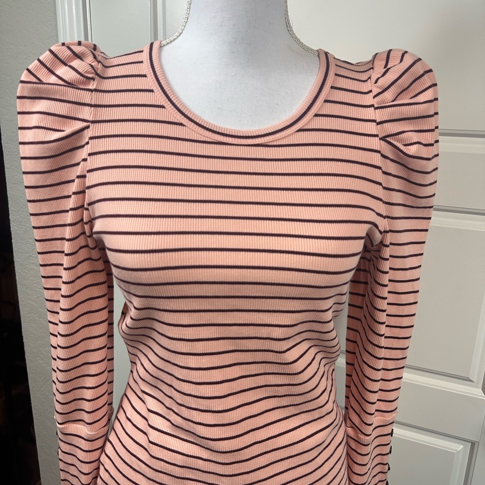 Maeve Anthropologie Classic Cotton Striped Ribbed Puff Sleeve Blouse Size Medium - Picture 3 of 12